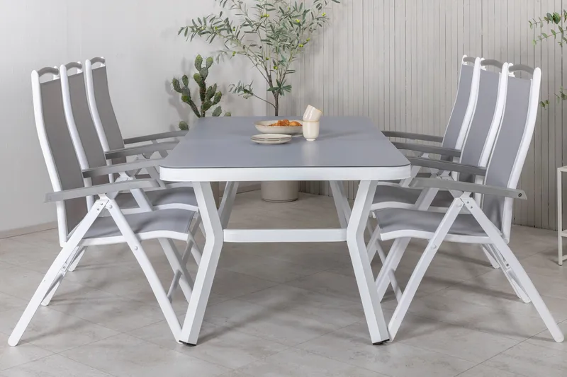 Virya Matgrupp Utomhus 200cm + 6 Albany Positionsstolar - Vit/Grå - Utemöbler - Utegrupp - Matgrupper utomhus