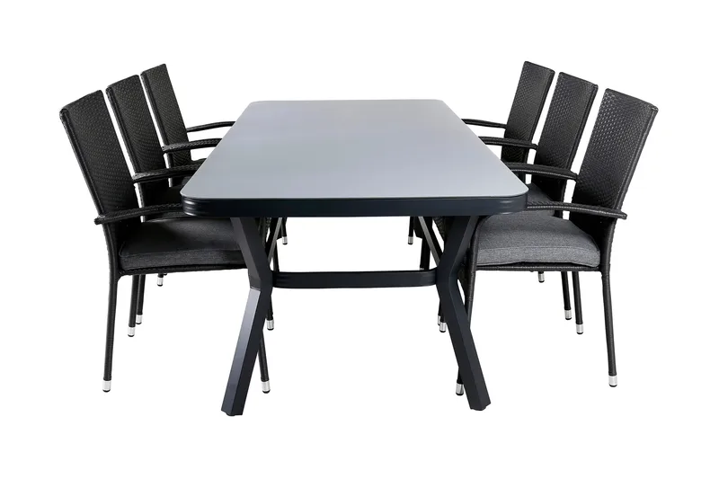 Virya Matgrupp Utomhus 200cm + 6 Anna Matstolar, Svart/Grå