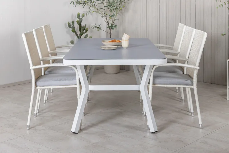 Virya Matgrupp Utomhus 200cm + 6 Anna Matstolar - Vit/Grå - Utemöbler - Utegrupp - Matgrupper utomhus