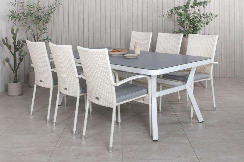 Virya Matgrupp Utomhus 200cm + 6 Anna Matstolar - Vit/Grå - Utemöbler - Utegrupp - Matgrupper utomhus