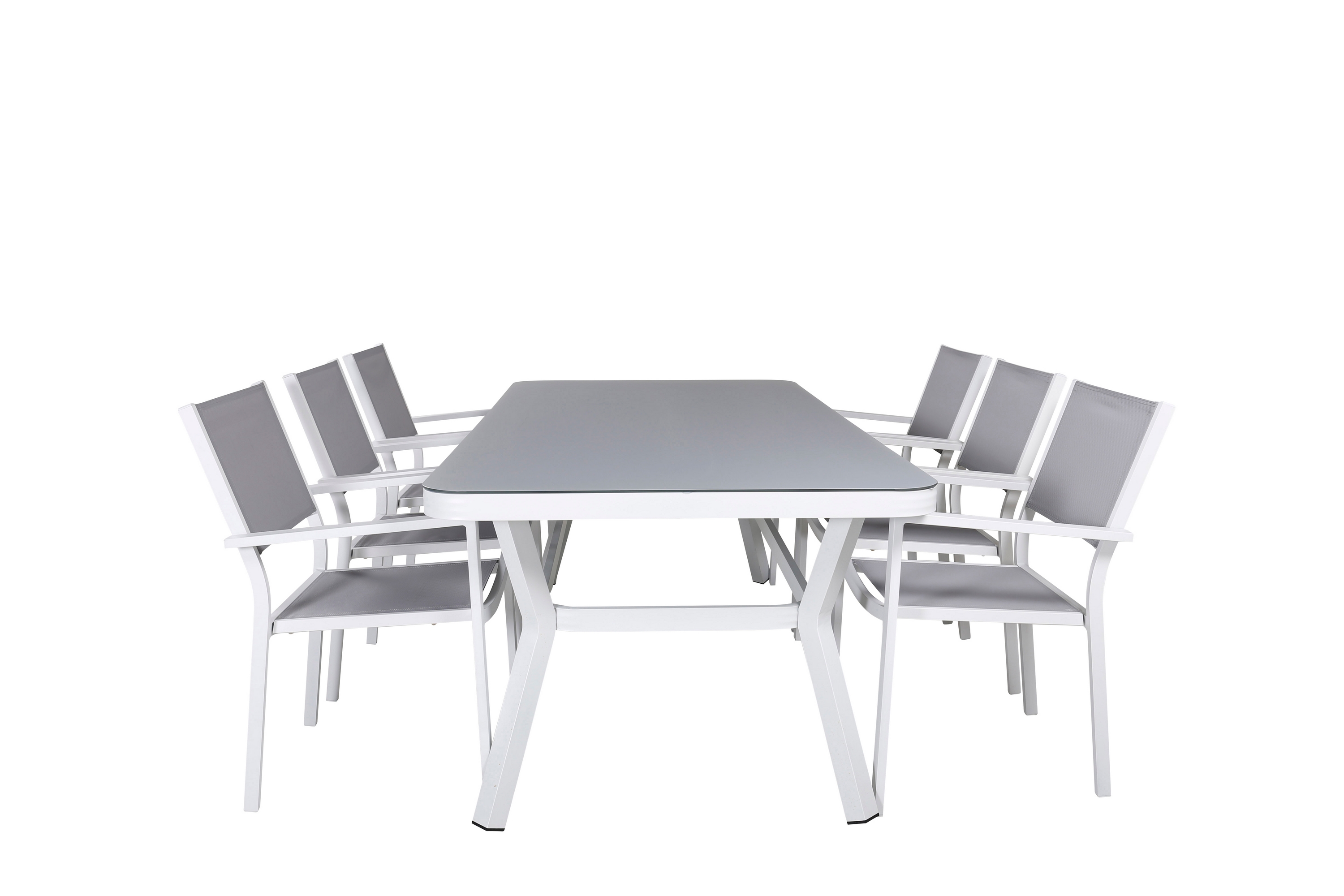 virya matgrupp utomhus 200cm + 6 copacabana stapelbara matstolar utomhus vit - venture home