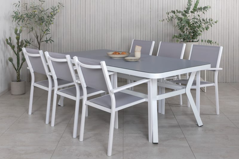 Virya Matgrupp Utomhus 200cm + 6 Copacabana Stapelbara Matstolar Utomhus Vit - Venture Home - Utemöbler - Utegrupp - Matgrupper utomhus
