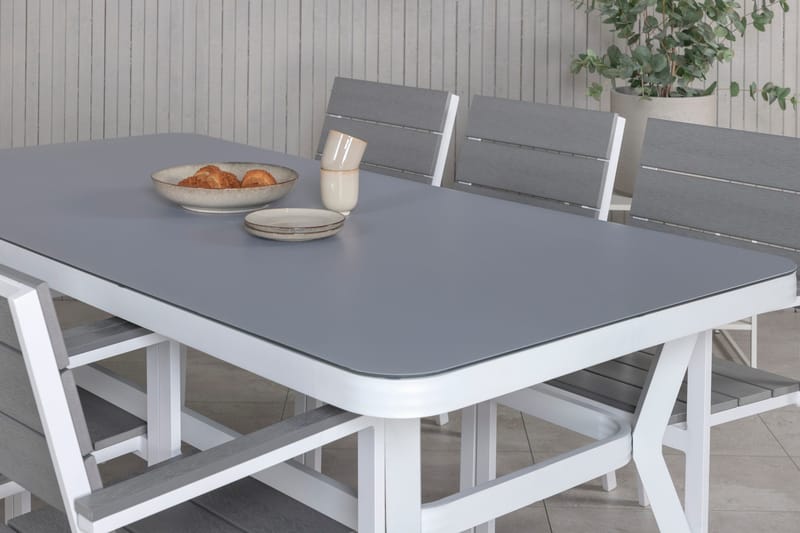 Virya Matgrupp Utomhus 200cm + 6 Levels Stapelbara Matstolar - Vit/Grå - Utemöbler - Utegrupp - Matgrupper utomhus