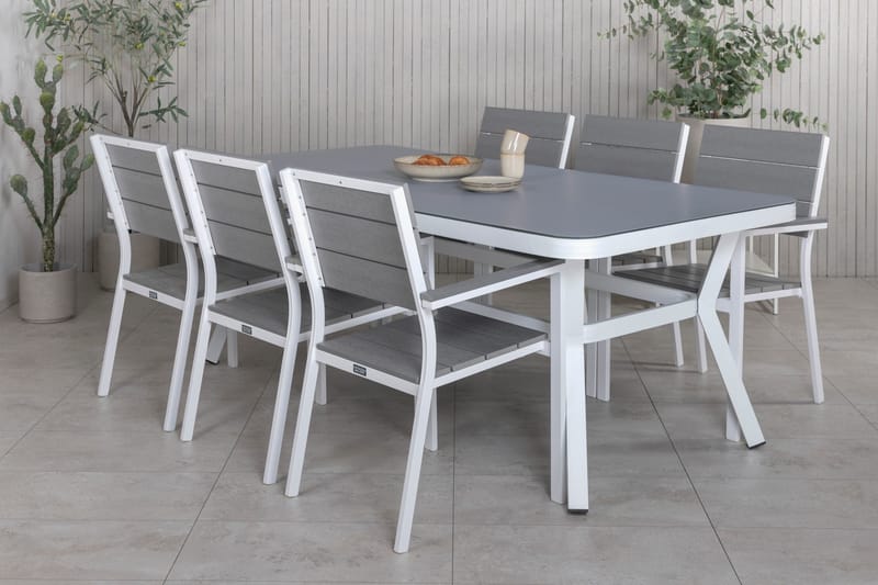 Virya Matgrupp Utomhus 200cm + 6 Levels Stapelbara Matstolar - Vit/Grå - Utemöbler - Utegrupp - Matgrupper utomhus