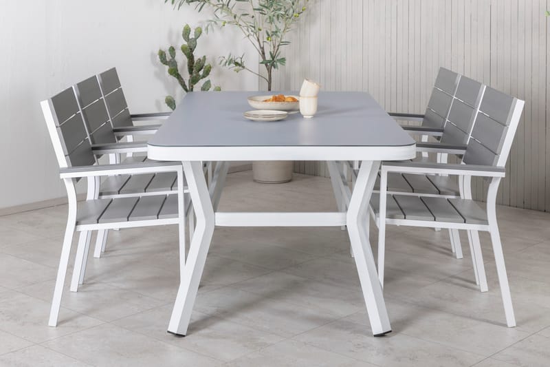 Virya Matgrupp Utomhus 200cm + 6 Levels Stapelbara Matstolar - Vit/Grå - Utemöbler - Utegrupp - Matgrupper utomhus