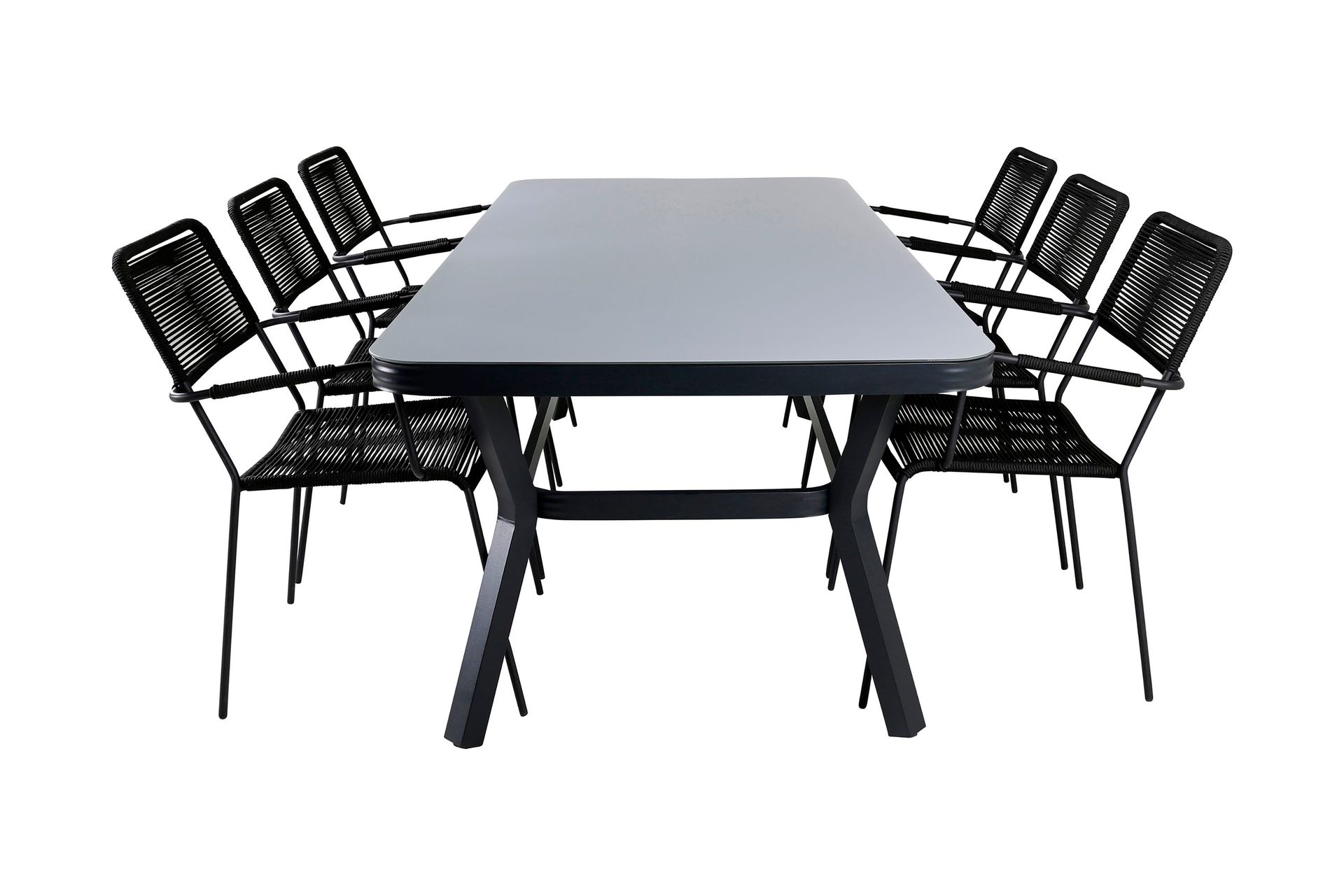 Virya Matgrupp Utomhus 200cm + 6 Lindos Karmstolar - Svart/Gr&aring;