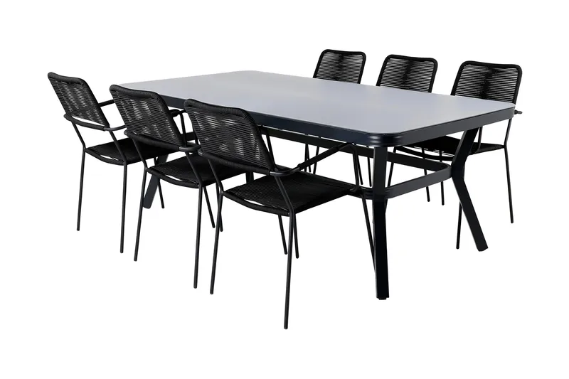 Virya Matgrupp Utomhus 200cm + 6 Lindos Karmstolar - Svart/Grå - Utemöbler - Utegrupp - Matgrupper utomhus