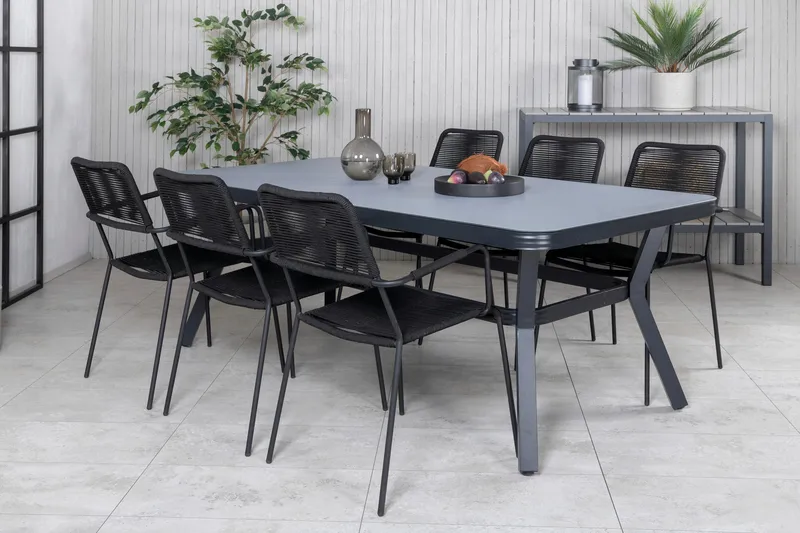 Virya Matgrupp Utomhus 200cm + 6 Lindos Karmstolar - Svart/Grå - Utemöbler - Utegrupp - Matgrupper utomhus