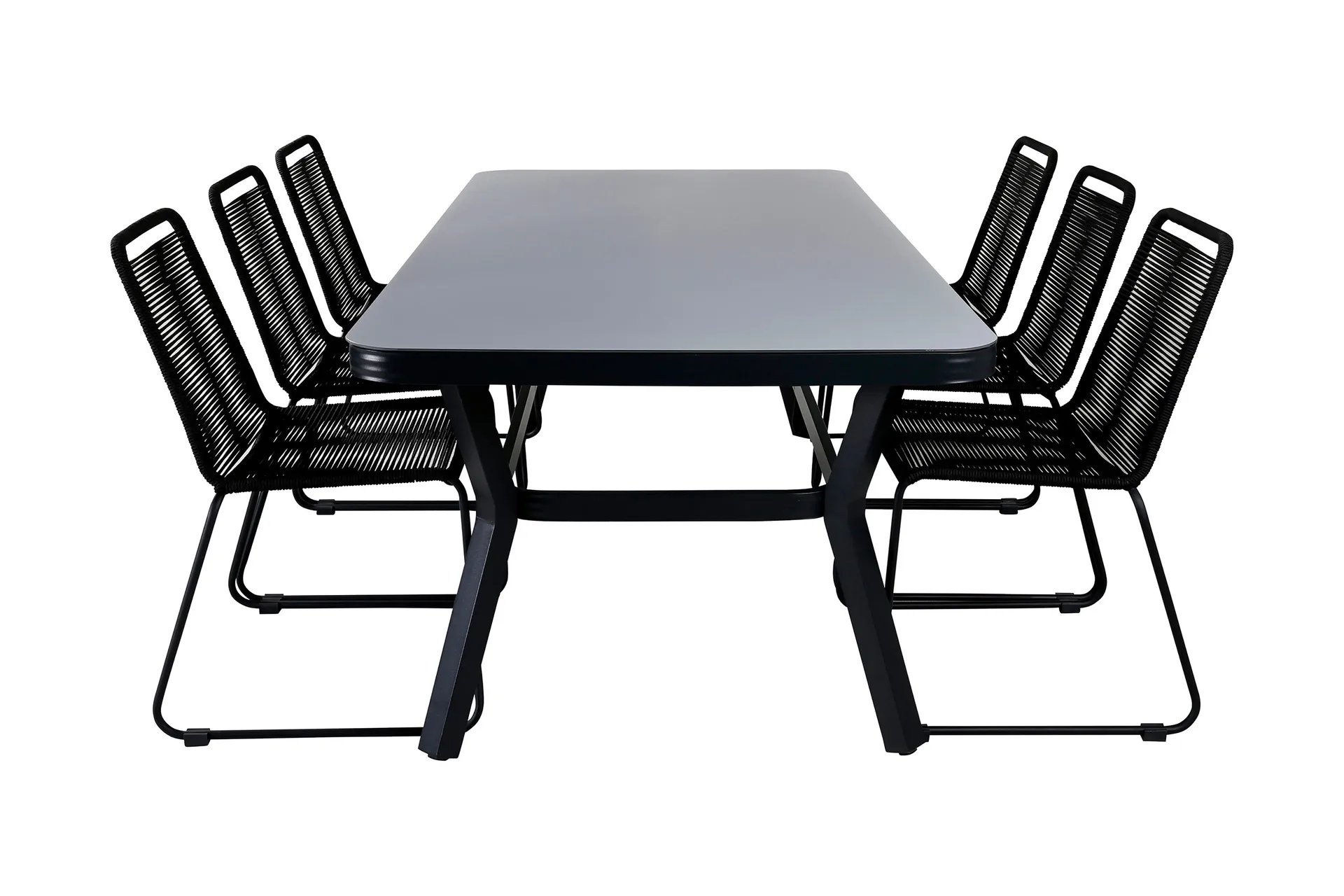 Virya Matgrupp Utomhus 200cm + 6 Lindos Stapelbara Matstolar - Brun/Vit