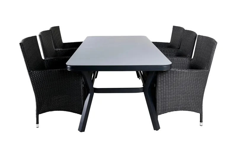 Virya Matgrupp Utomhus 200cm + 6 Malin Karmstolar, Svart/Grå