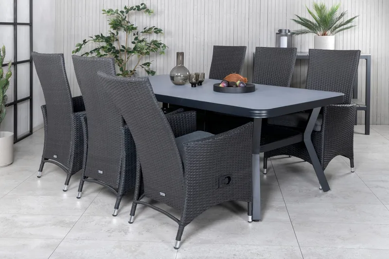 Virya Matgrupp Utomhus 200cm + 6 Padova Reclinerstolar - Svart - Utemöbler - Utegrupp - Matgrupper utomhus