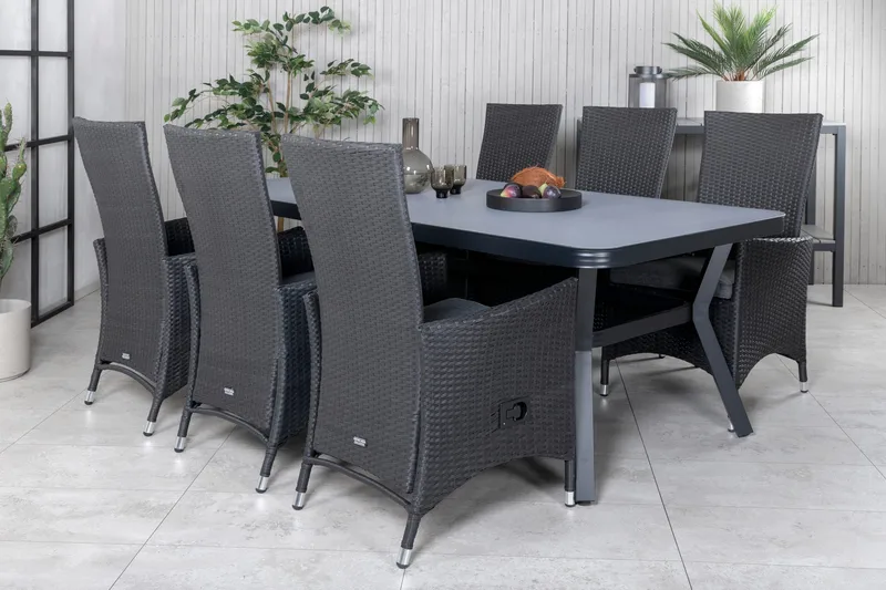Virya Matgrupp Utomhus 200cm + 6 Padova Reclinerstolar - Svart - Utemöbler - Utegrupp - Matgrupper utomhus