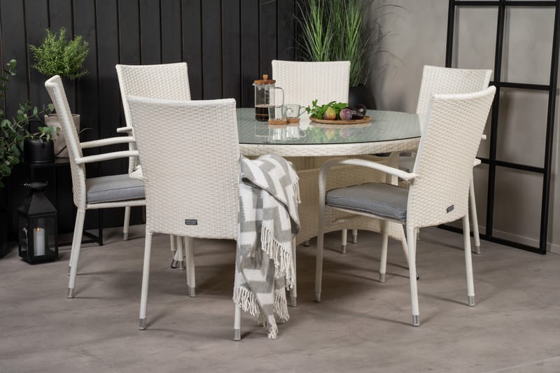 Volta Matgrupp Utomhus Rund Ø150cm + 6 Anna Karmstolar - Glas/Vit - Utemöbler - Utegrupp - Matgrupper utomhus