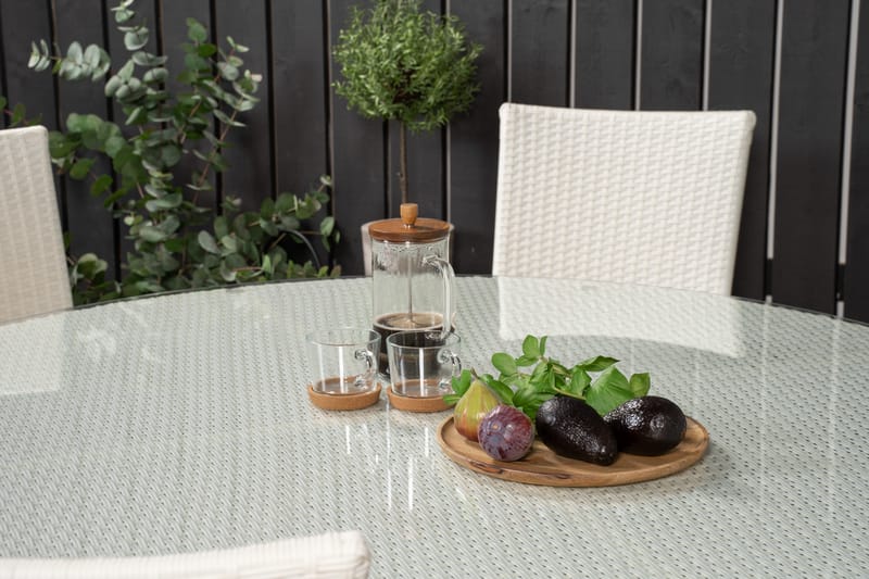 Volta Matgrupp Utomhus Rund Ø150cm + 6 Anna Karmstolar - Glas/Vit - Utemöbler - Utegrupp - Matgrupper utomhus