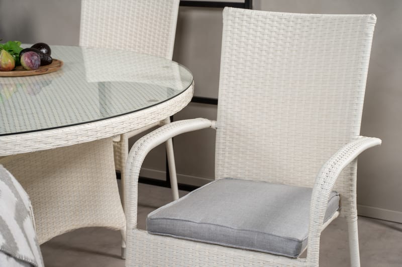 Volta Matgrupp Utomhus Rund Ø150cm + 6 Anna Karmstolar - Glas/Vit - Utemöbler - Utegrupp - Matgrupper utomhus