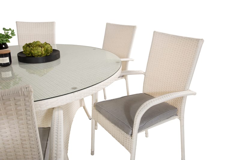 Volta Matgrupp Utomhus Rund Ø150cm + 6 Anna Karmstolar - Glas/Vit - Utemöbler - Utegrupp - Matgrupper utomhus
