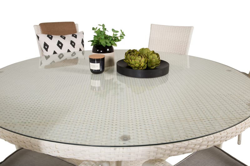 Volta Matgrupp Utomhus Rund Ø150cm + 6 Anna Karmstolar - Glas/Vit - Utemöbler - Utegrupp - Matgrupper utomhus