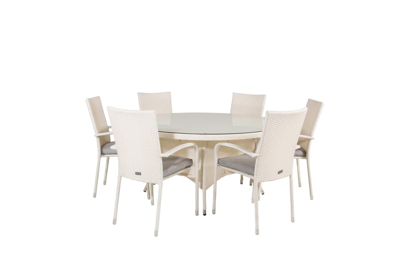Volta Matgrupp Utomhus Rund Ø150cm + 6 Anna Karmstolar - Glas/Vit - Utemöbler - Utegrupp - Matgrupper utomhus