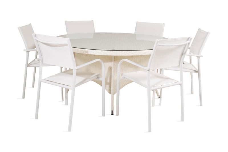 Volta Matgrupp Utomhus Rund Ø150cm + 6 Santorini Karmstolar - Glas/Vit - Utemöbler - Utegrupp - Matgrupper utomhus