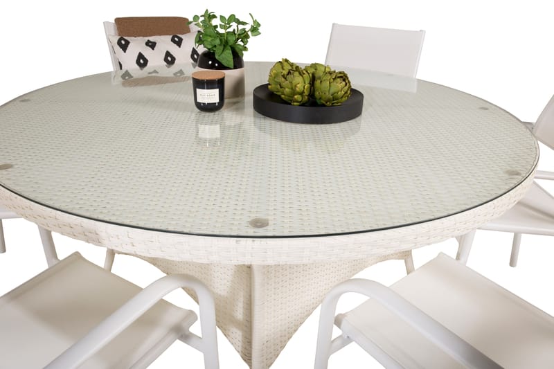Volta Matgrupp Utomhus Rund Ø150cm + 6 Santorini Karmstolar - Glas/Vit - Utemöbler - Utegrupp - Matgrupper utomhus