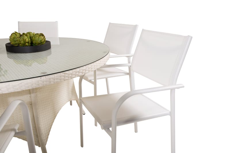 Volta Matgrupp Utomhus Rund Ø150cm + 6 Santorini Karmstolar - Glas/Vit - Utemöbler - Utegrupp - Matgrupper utomhus