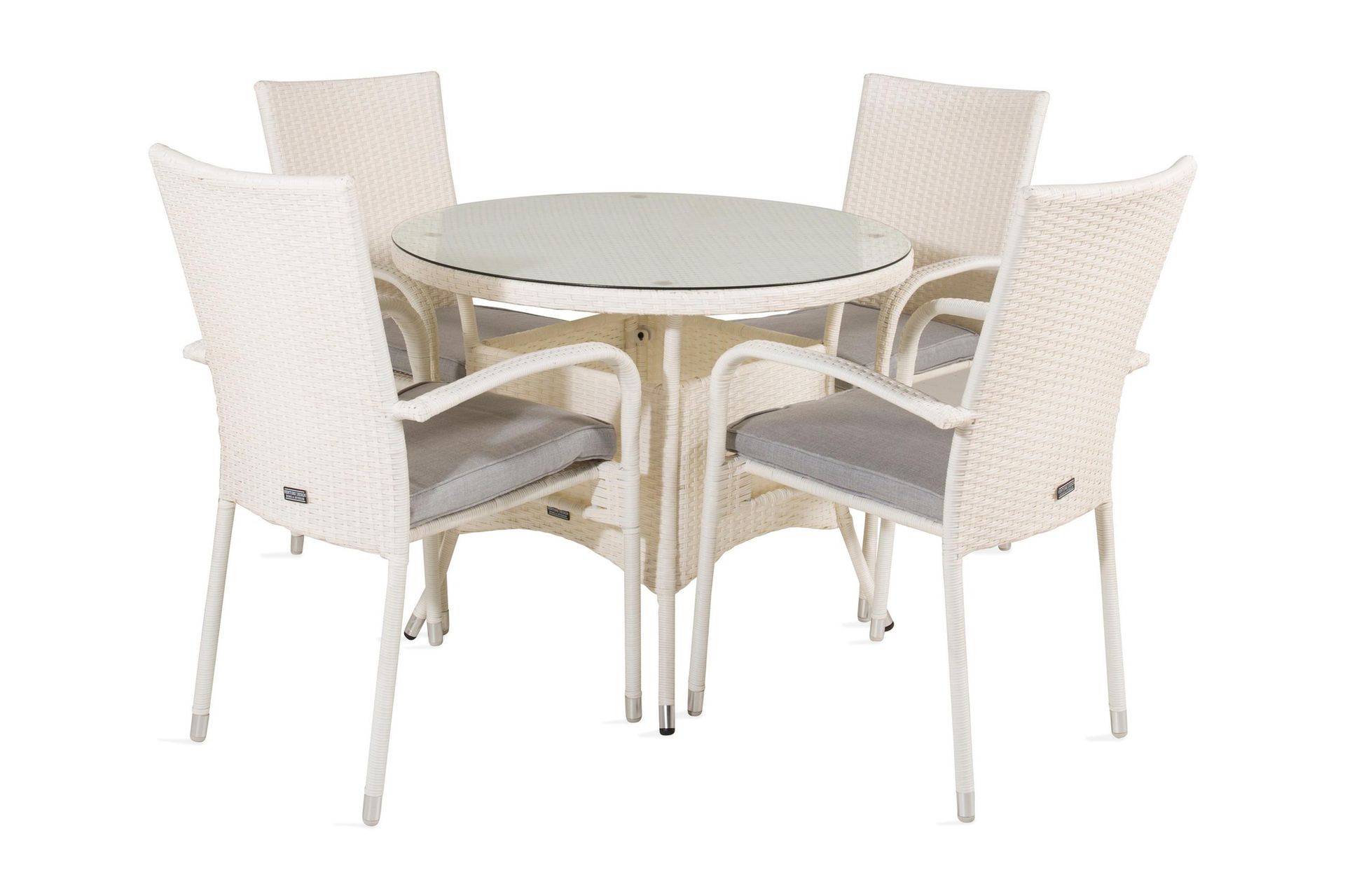 Volta Matgrupp Utomhus Rund Ø90cm + 4 Anna Karmstolar - Glas/Vit - Utemöbler - Utegrupp - Matgrupper utomhus