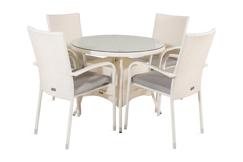 Volta Matgrupp Utomhus Rund Ø90cm + 4 Anna Karmstolar - Glas/Vit - Utemöbler - Utegrupp - Matgrupper utomhus