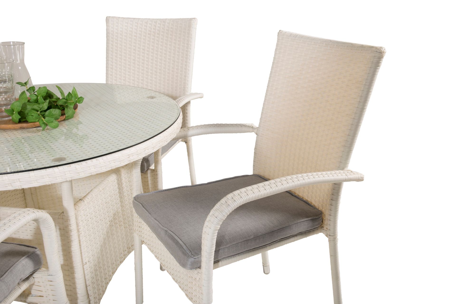 Volta Matgrupp Utomhus Rund Ø90cm + 4 Anna Karmstolar - Glas/Vit - Utemöbler - Utegrupp - Matgrupper utomhus