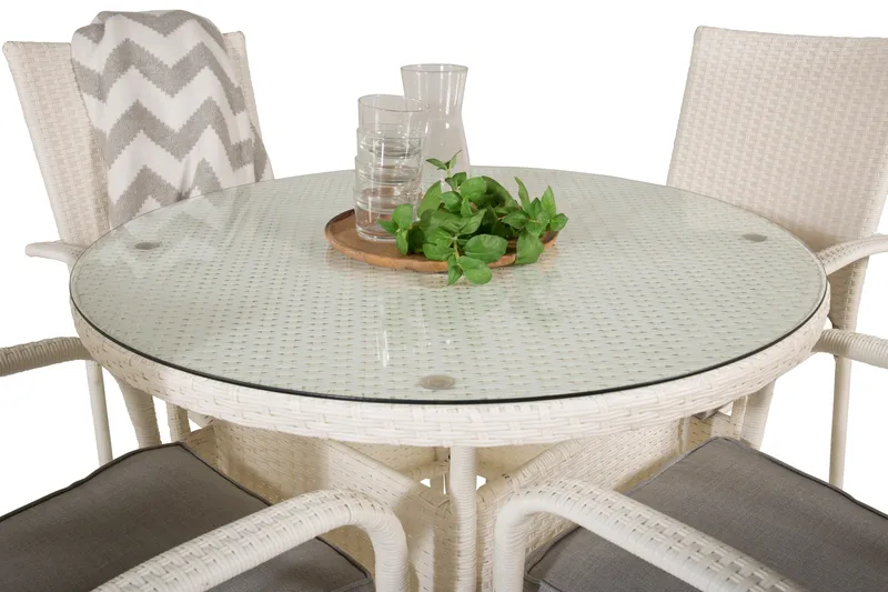 Volta Matgrupp Utomhus Rund Ø90cm + 4 Anna Karmstolar - Glas/Vit - Utemöbler - Utegrupp - Matgrupper utomhus