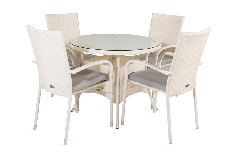 Volta Matgrupp Utomhus Rund Ø90cm + 4 Anna Karmstolar, Glas/Vit