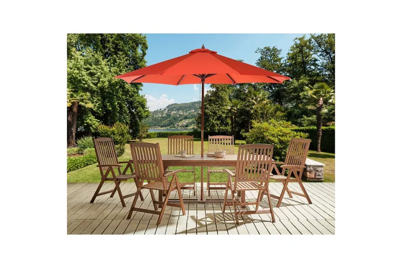 Matsalsset Amantea med parasoll Mörkt trä/rött - Mörkt trä/rött - Utemöbler - Utegrupp - Matgrupper utomhus