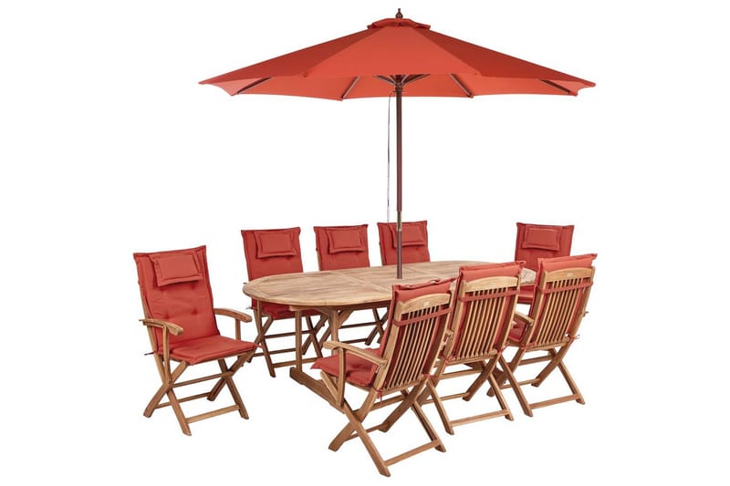 Matsalsset Maui II med parasoll Ljus trä/röd, 8-Sits, Ljus trä/röd, 8-Sits