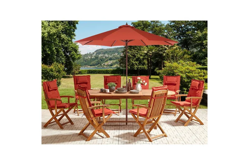Matsalsset Maui II med parasoll Ljus trä/röd, 8-Sits - Ljus trä/röd, 8-Sits - Utemöbler - Utegrupp - Matgrupper utomhus