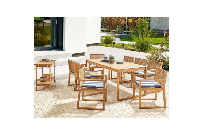 Matsalsset Sassari II med kuddar Ljus trä/Marinblå/vit - Ljus trä/Marinblå/vit - Utemöbler - Utegrupp - Matgrupper utomhus