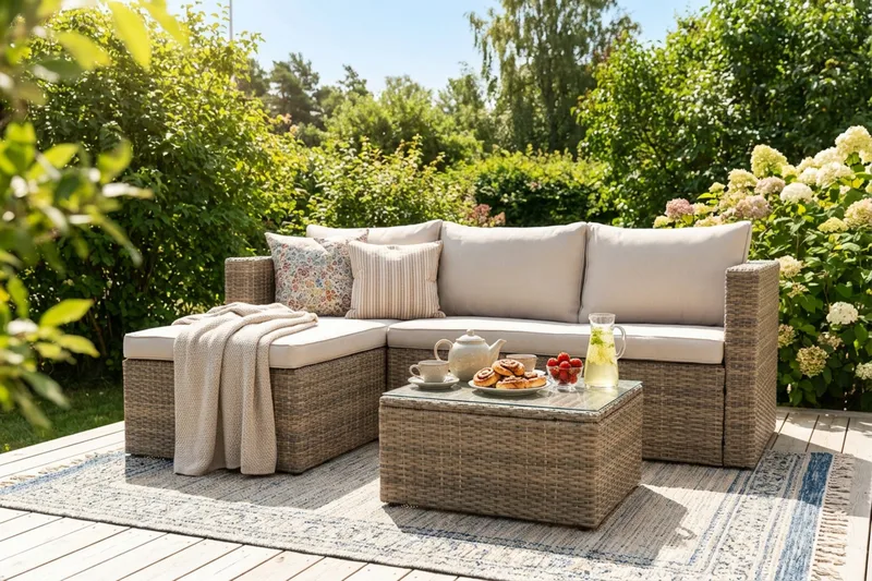 Mendoza l-formad 4-sits soffgrupp i konstrotting för altan och terrass - Brun / Beige dynor - Utemöbler - Utegrupp - Loungegrupp