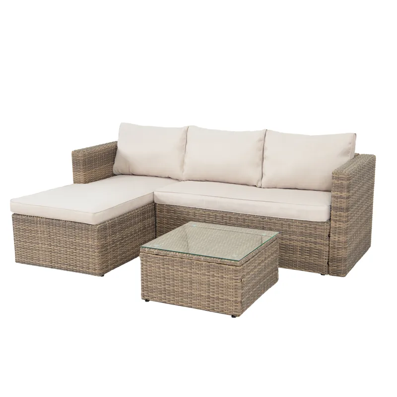 Mendoza l-formad 4-sits soffgrupp i konstrotting för altan och terrass - Brun / Beige dynor - Utemöbler - Utegrupp - Loungegrupp