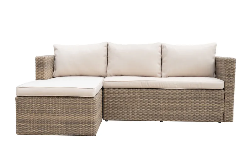 Mendoza l-formad 4-sits soffgrupp i konstrotting för altan och terrass - Brun / Beige dynor - Utemöbler - Utegrupp - Loungegrupp