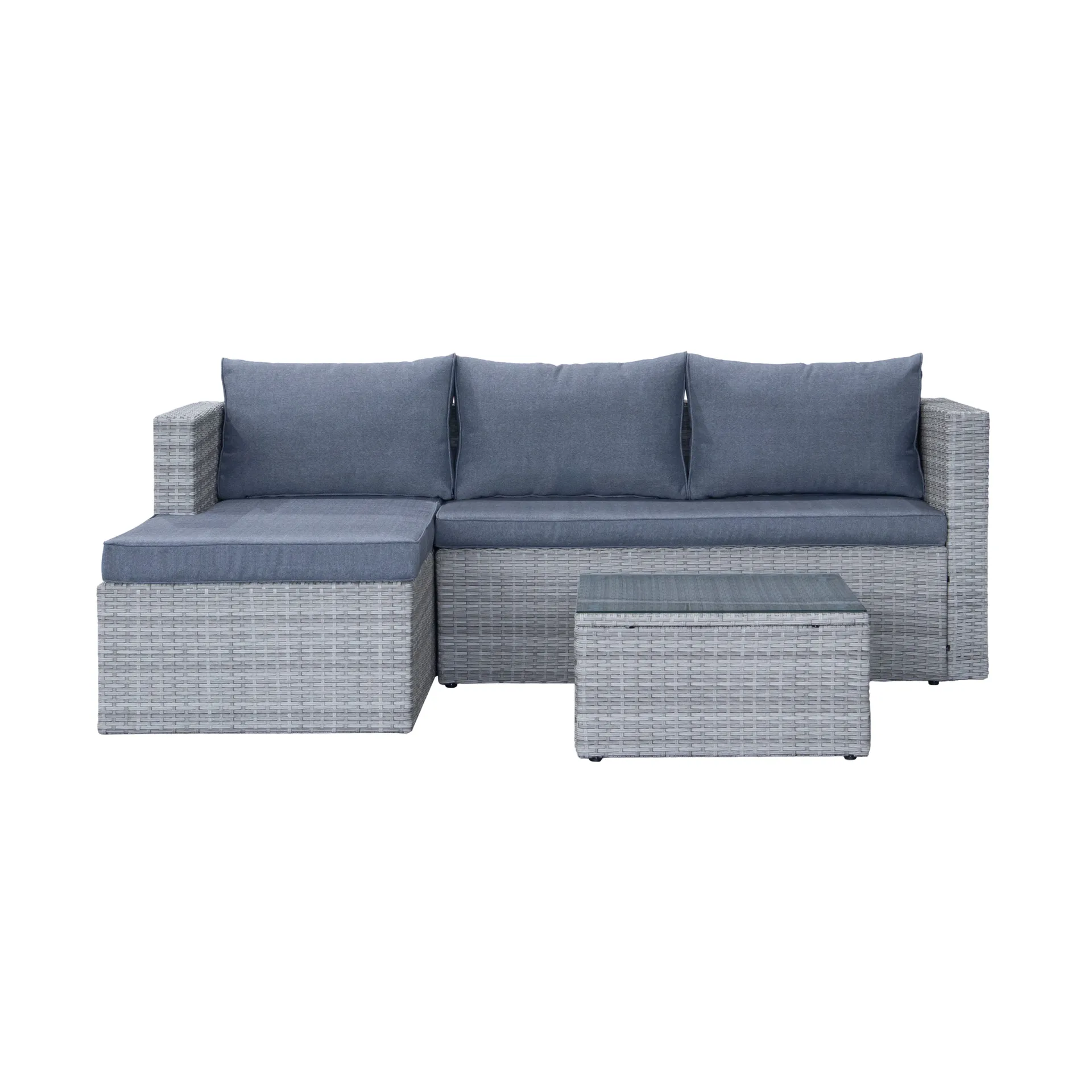 mendoza l-formad 4-sits soffgrupp i konstrotting för altan och terrass - grå / blåa dynor