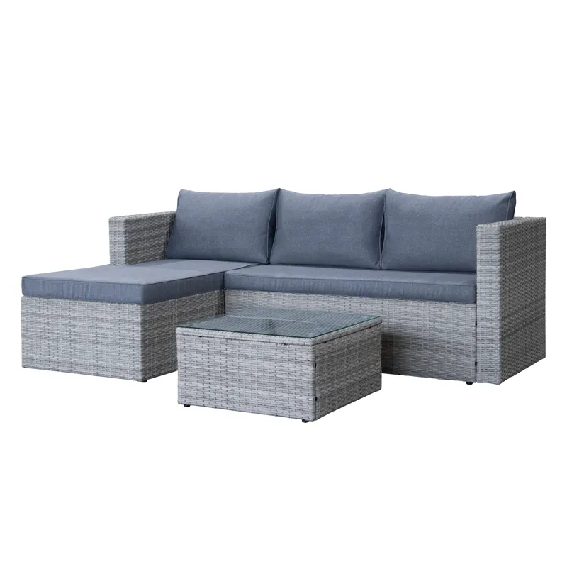 Mendoza l-formad 4-sits soffgrupp i konstrotting för altan och terrass - Grå / Blåa dynor - Utemöbler - Utegrupp - Loungegrupp