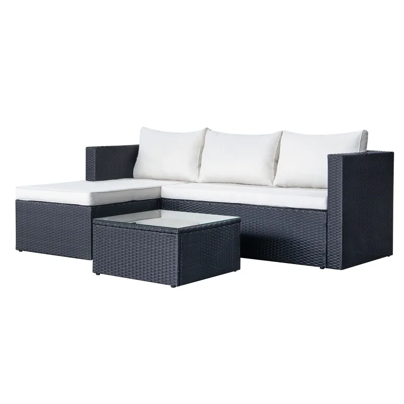 Mendoza l-formad 4-sits soffgrupp i konstrotting för altan och terrass - Svart - Utemöbler - Utegrupp - Loungegrupp