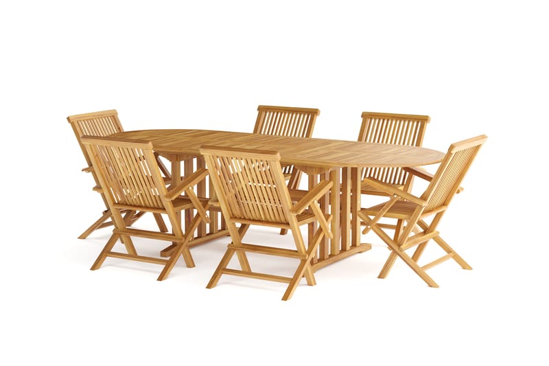 Menorca Stor Matgrupp Utomhus- Ovalt förlängningsbart utebord med 6 Karmstolar i trä - Teak / Natur - Utemöbler - Utegrupp - Matgrupper utomhus