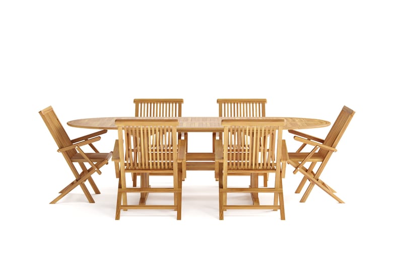 Menorca Stor Matgrupp Utomhus- Ovalt förlängningsbart utebord med 6 Karmstolar i trä - Teak / Natur - Utemöbler - Utegrupp - Matgrupper utomhus