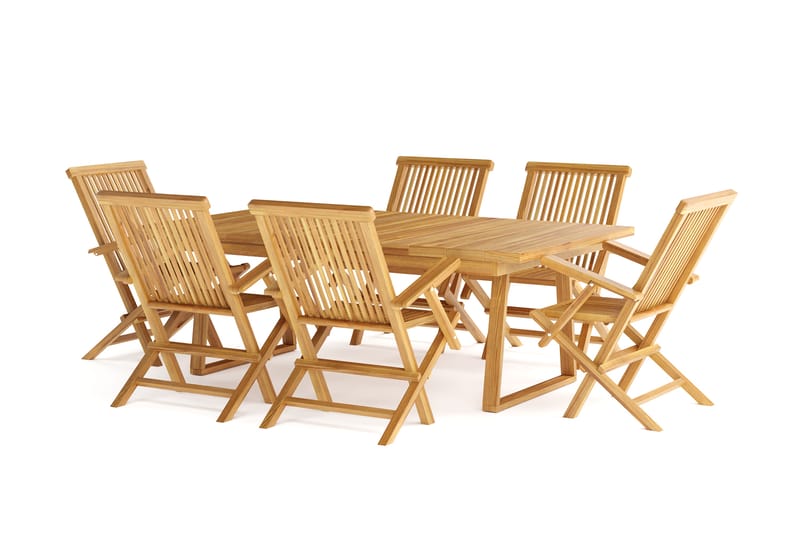 Menorca Stor Matgrupp Utomhus - Rektangulärt träbord med 6 Karmstolar - Teak / Natur - Utemöbler - Utegrupp - Matgrupper utomhus