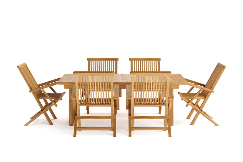 Menorca Stor Matgrupp Utomhus - Rektangulärt träbord med 6 Karmstolar - Teak / Natur - Utemöbler - Utegrupp - Matgrupper utomhus