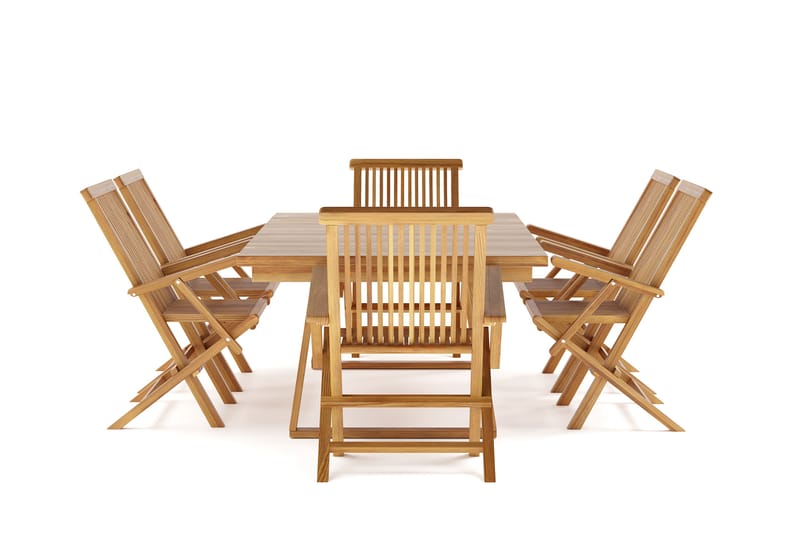 Menorca Stor Matgrupp Utomhus - Rektangulärt träbord med 6 Karmstolar - Teak / Natur - Utemöbler - Utegrupp - Matgrupper utomhus