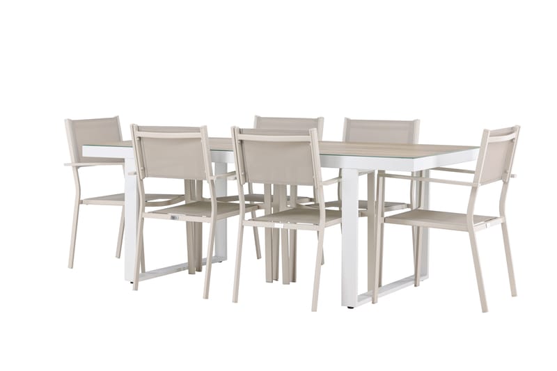 MERLO Matgrupp Utomhus 200 cm + 6 st Copacabana Matstolar Beige/Vit - Utemöbler - Utegrupp - Matgrupper utomhus