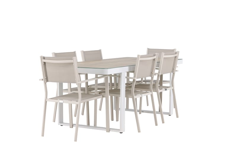 MERLO Matgrupp Utomhus 200 cm + 6 st Copacabana Matstolar Beige/Vit - Utemöbler - Utegrupp - Matgrupper utomhus