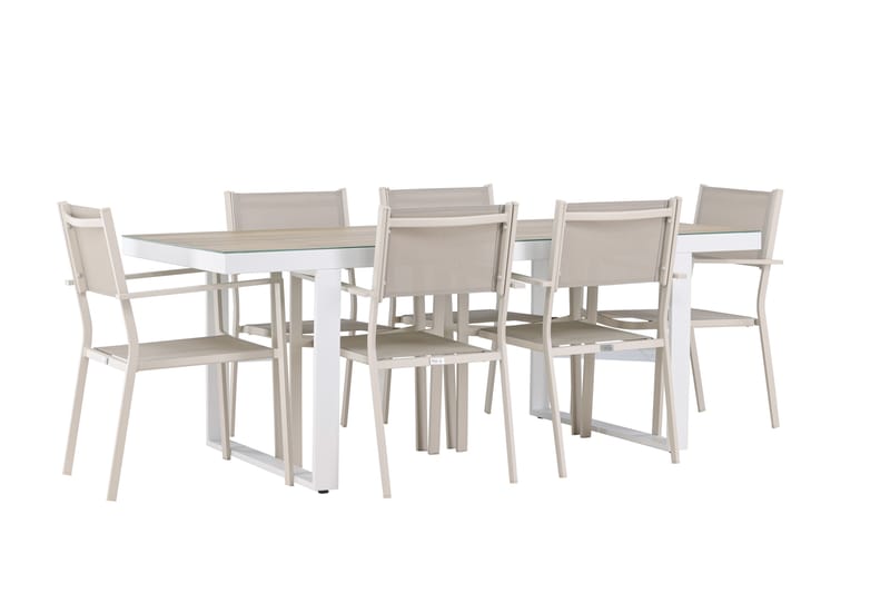 MERLO Matgrupp Utomhus 200 cm + 6 st Copacabana Matstolar Beige/Vit - Utemöbler - Utegrupp - Matgrupper utomhus