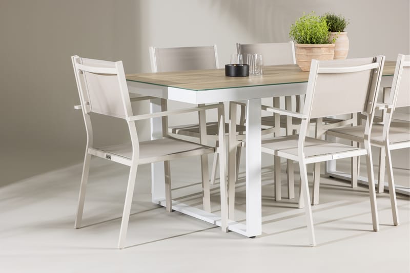 MERLO Matgrupp Utomhus 200 cm + 6 st Copacabana Matstolar Beige/Vit - Utemöbler - Utegrupp - Matgrupper utomhus