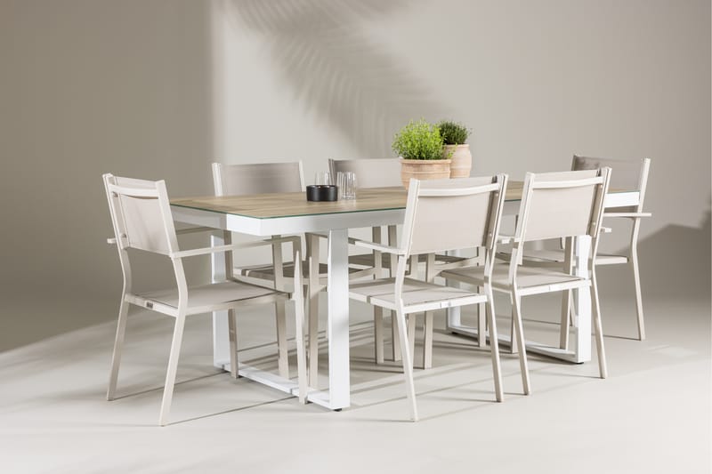 MERLO Matgrupp Utomhus 200 cm + 6 st Copacabana Matstolar Beige/Vit - Utemöbler - Utegrupp - Matgrupper utomhus